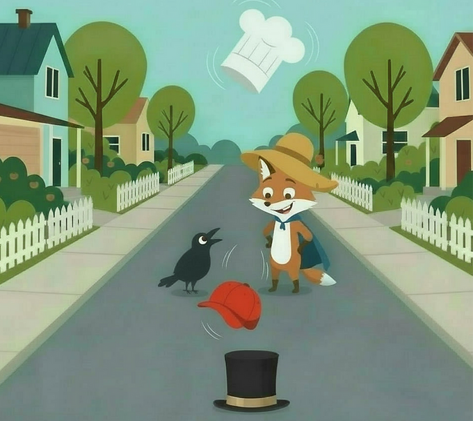 Multiple hats appearing around the Fox on a neighborhood street, symbolizing shifting identites in the Everyday Fool Identity Loop scene.
