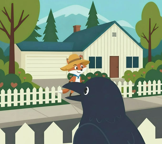 Fox reaching for a hat and placing it on its head, exploring identity in the Everyday Fool children's story.