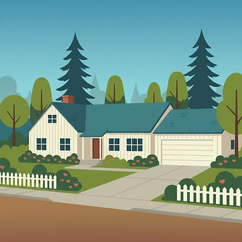Illustrated suburban house and landscape, symbolizing the World archetype as the enviornment shaping behavior and experience.