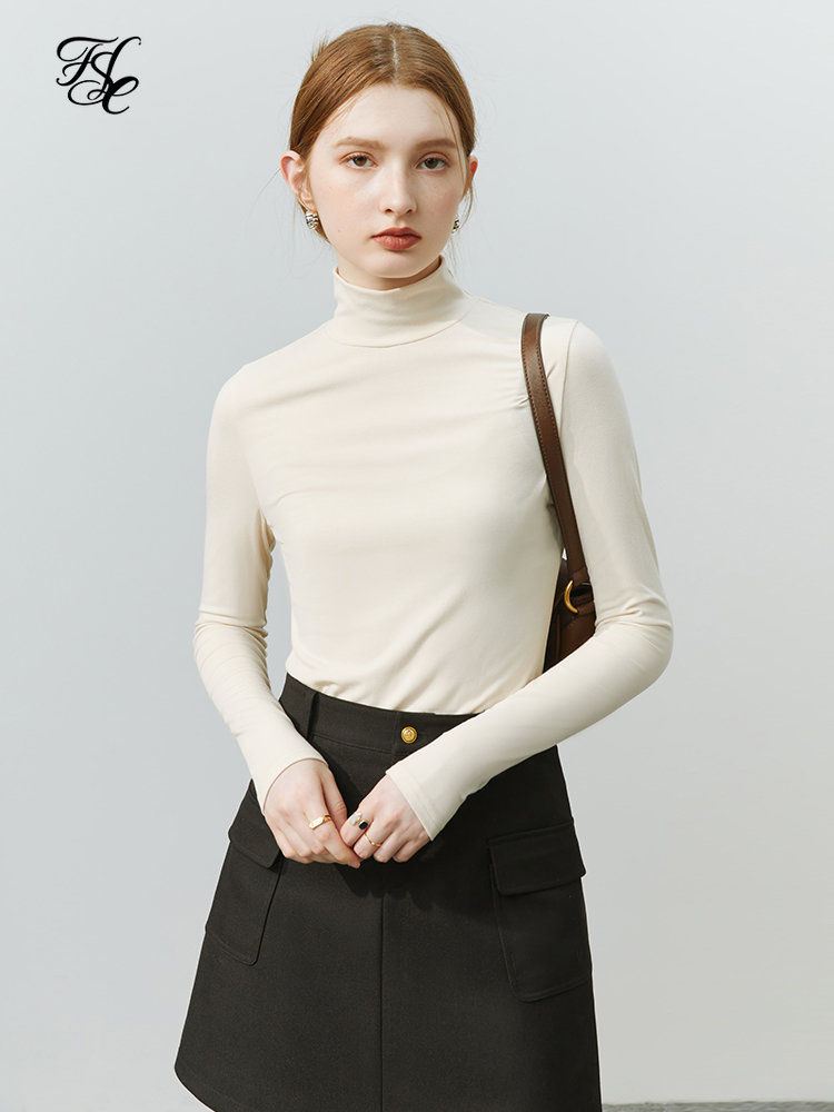 FSLE Casual Skin-friendly Soft Waxy Turtleneck Slim Bottoming Shirt Women Winter