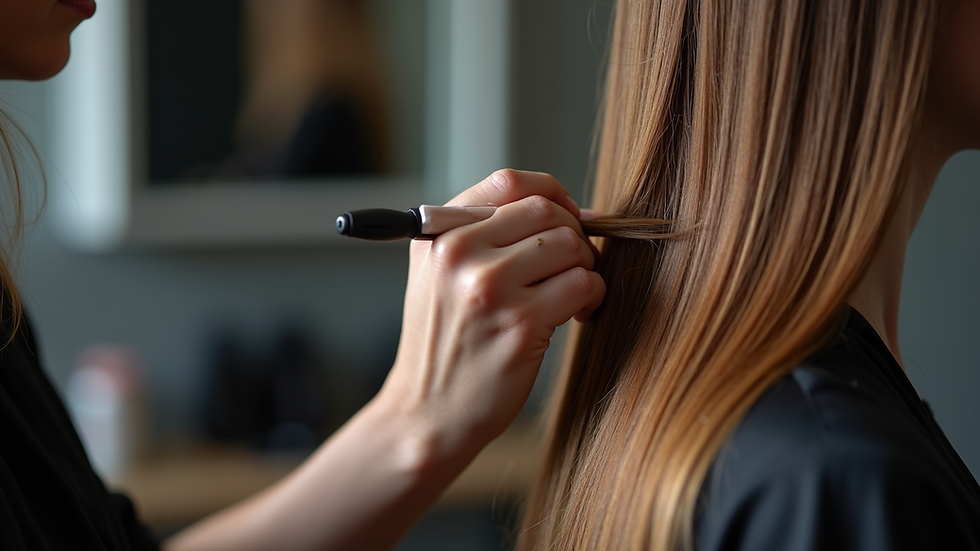 Close-up view of hair stylist examining hair strands