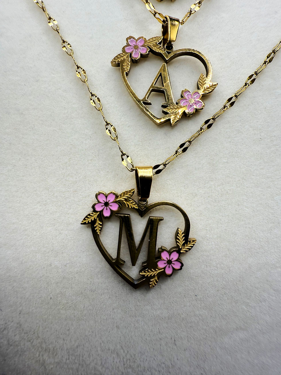 Thumbnail: Letter Pendant necklace w pink flowers