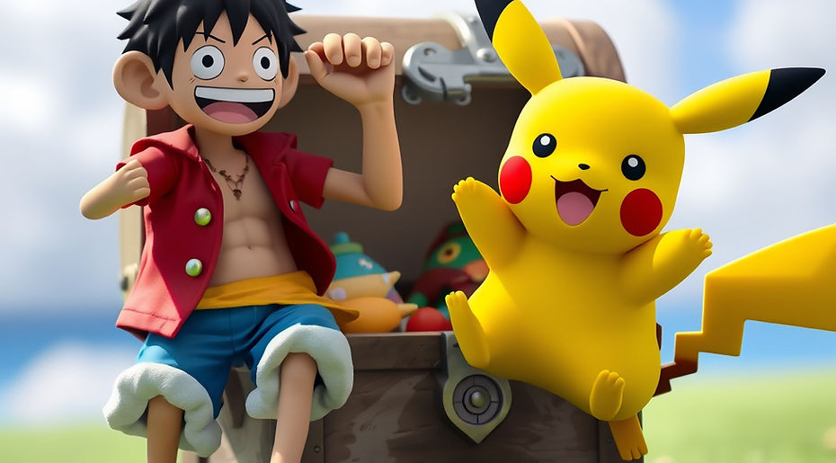 monkey d luffy and pikachu coming out of a toy chest.jpg