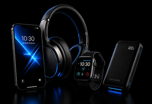 Smartphone, casque, montre connectée et batterie externe noirs.