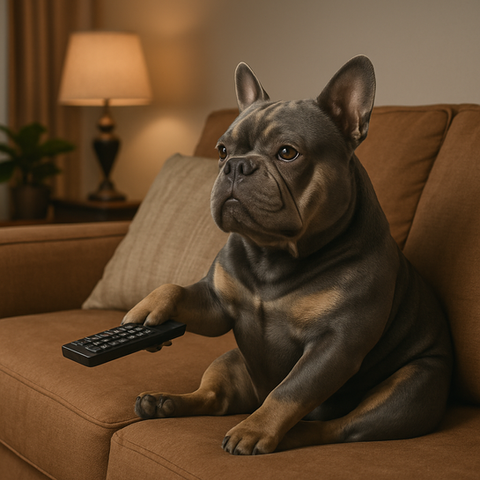Französische Bulldogge sitzt auf dem Sofa und hält eine Fernbedienung – witziges Haustierfoto im Studio Illingen, Enzkreis
