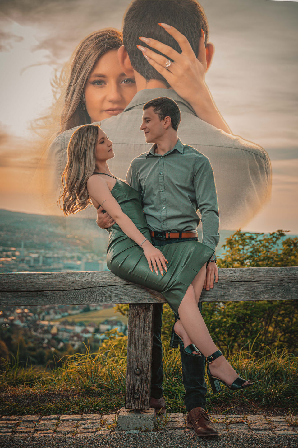 Doppelbelichtetes Bild eines Paares mit Fokus auf Verlobungsring und Blickkontakt – kreatives Before-Wedding-Shooting in Baden-Württemberg