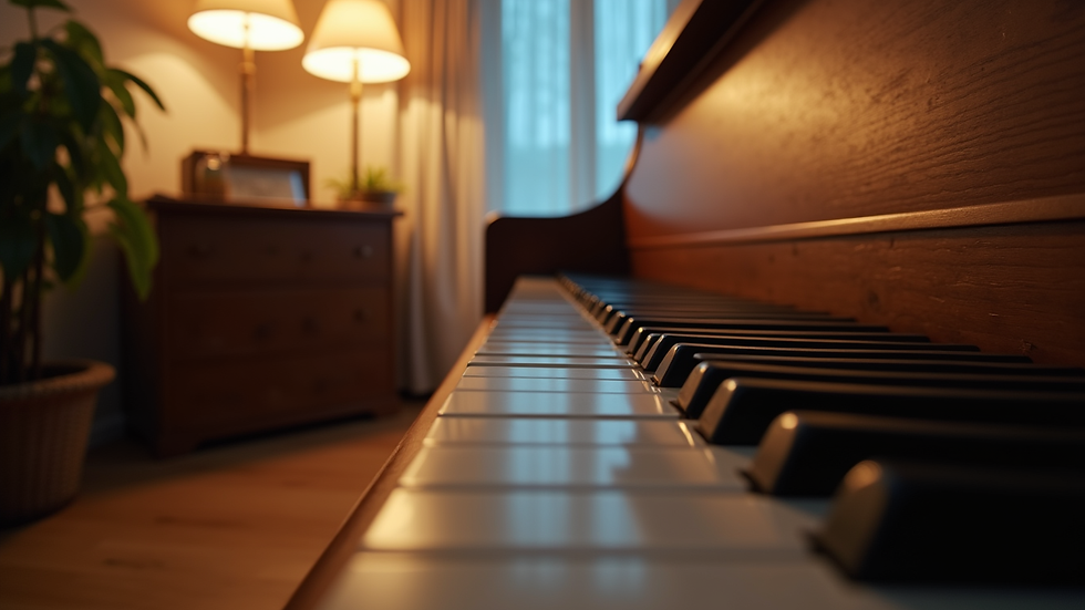 Eye-level view of a piano in a cozy studio setting