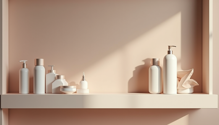 Eye-level view of a minimalist salon shelf with elegant hair care products in neutral tones