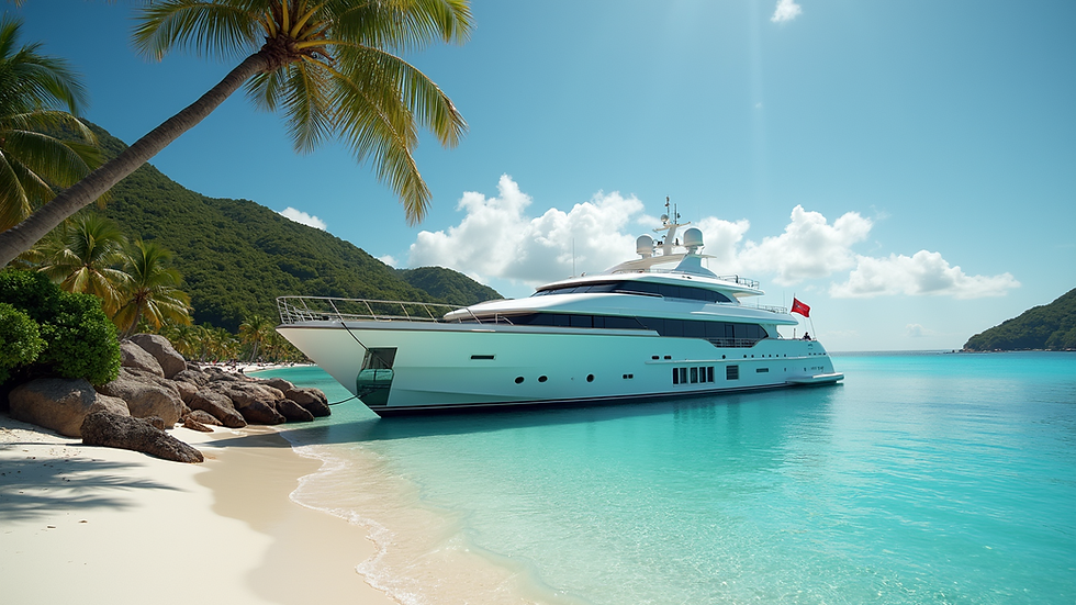 Eye-level view of a luxury yacht docked near a tropical beach