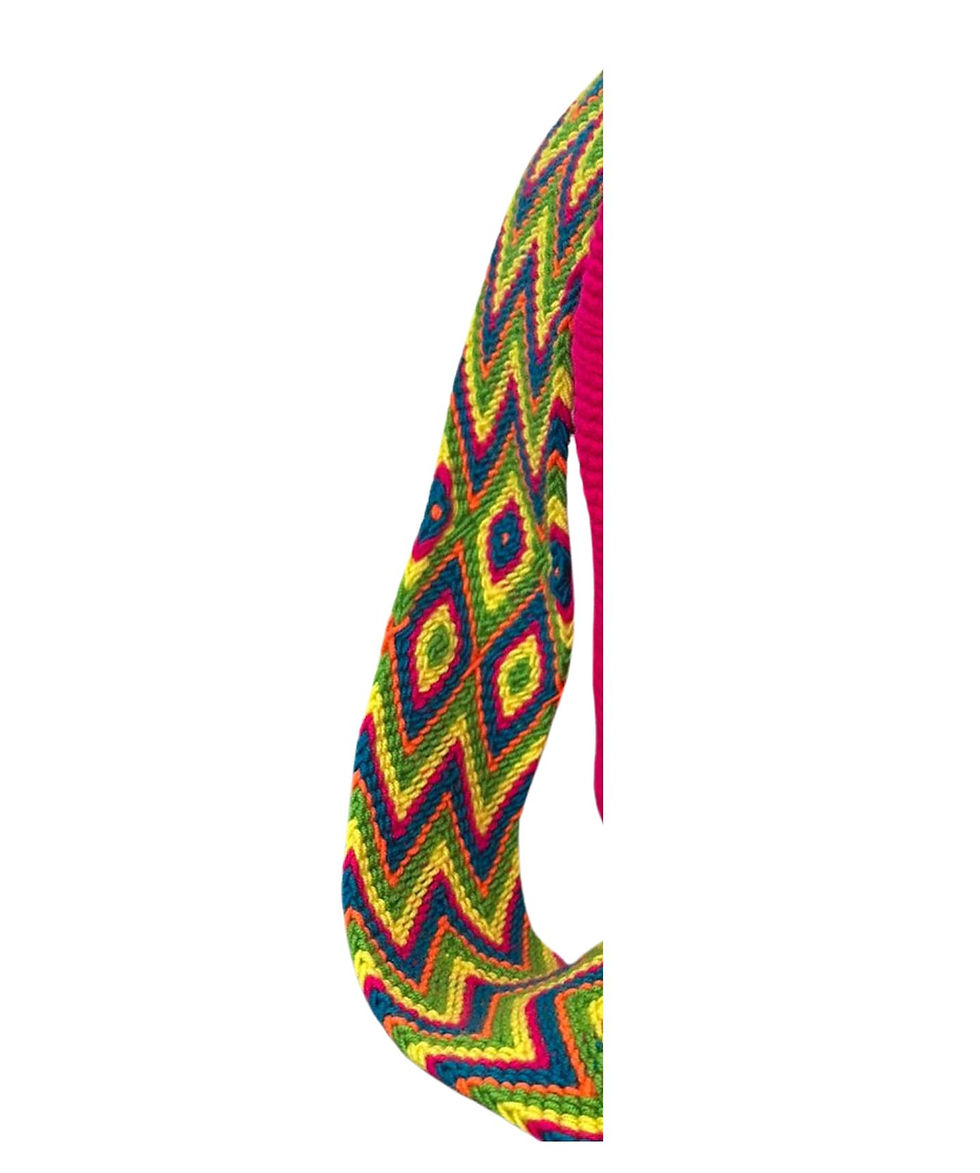 Miniatura: Bolsa Wayuu artesanal fucsia con asa multicolor – Hecha a mano en Colombia