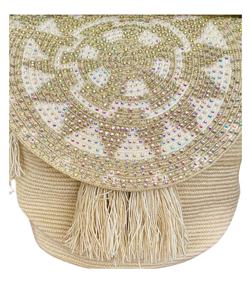 Miniatura: Bolsa wayuu decorada con cristales y tapa con diseño de sol