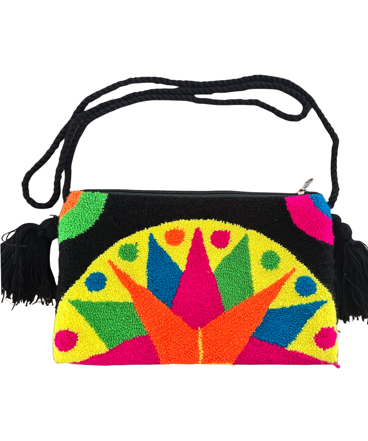 Bolsa wayuu clutch color negro y diseño de colores