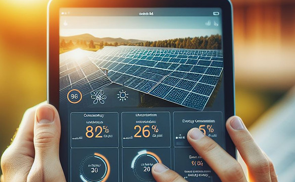 a person holding a tablet with solar panel energy output information