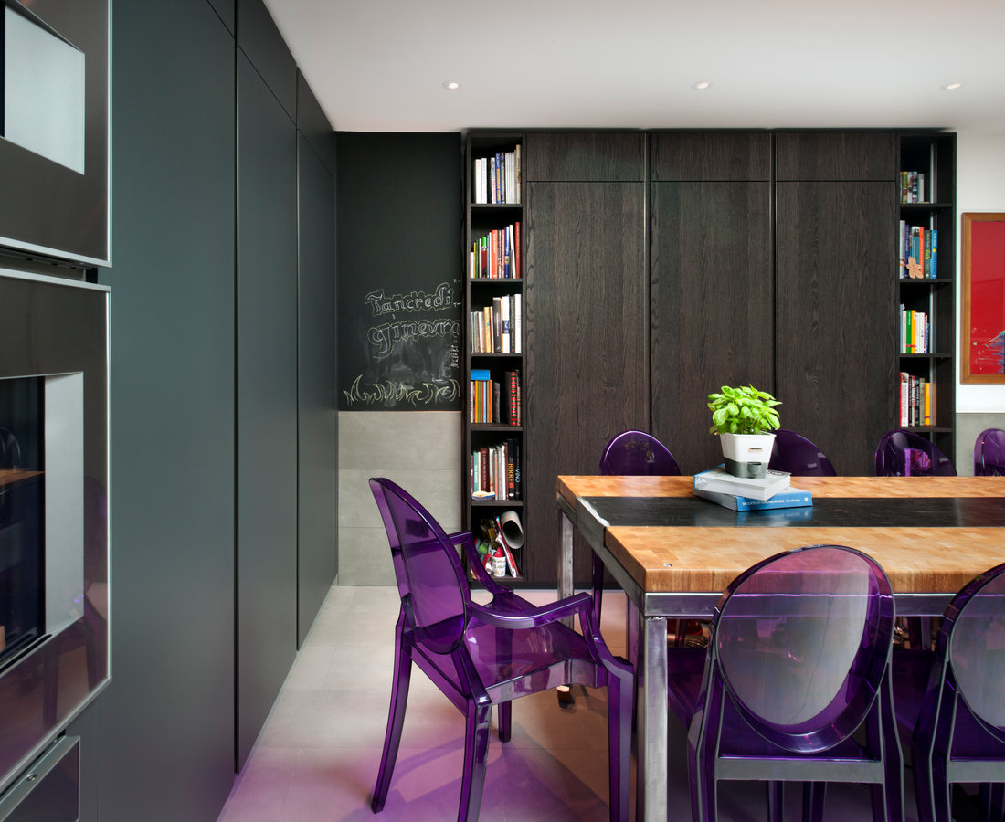 Dining table and library shelving, The Village, Battersea