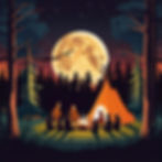 Campers sit around a fire beside an orange tent under a full moon in a forest. The sky is starry, creating a serene night scene.