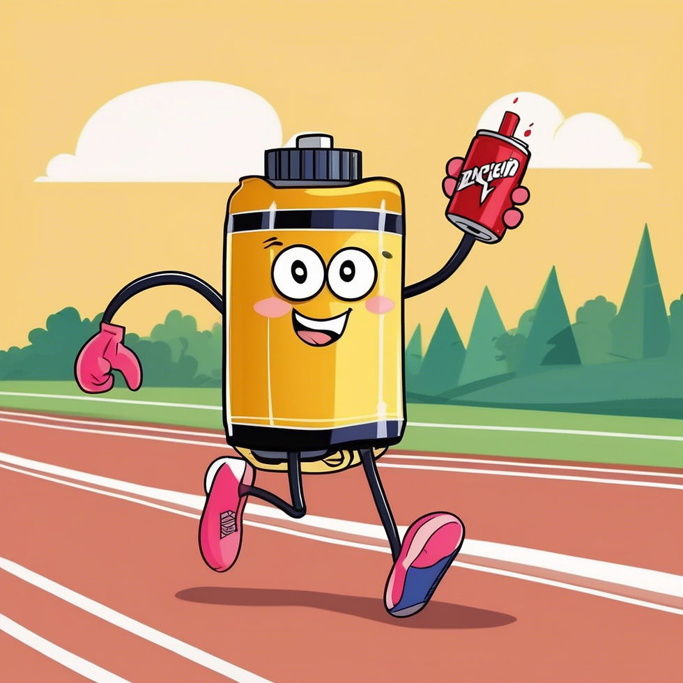Cartoon battery with a smiling face runs on a track, holding an energy drink labeled "ZAPLEN." Background has trees and clouds, with vibrant colors.