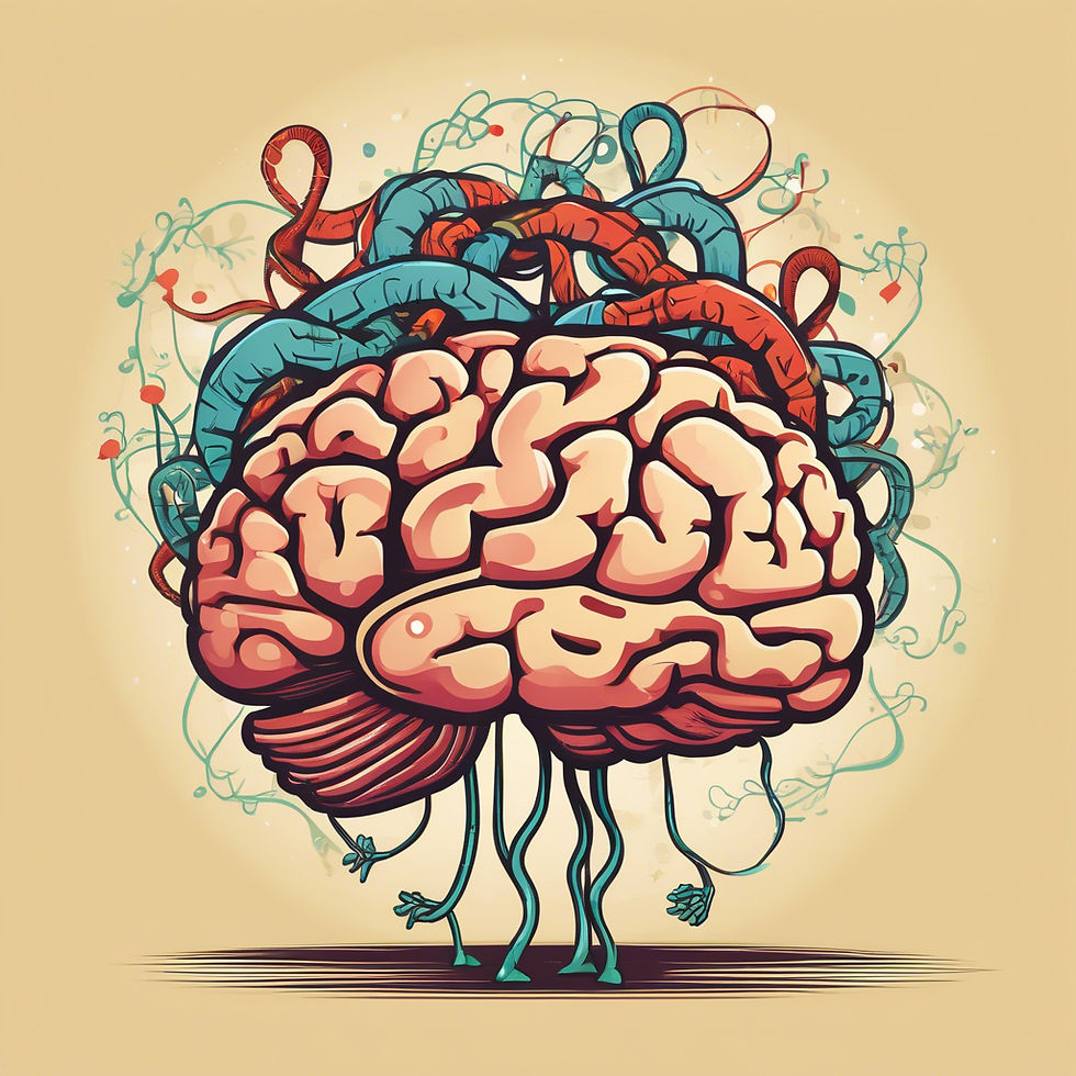 Illustration of a brain with colorful, intertwining ribbons on a beige background, evoking a sense of complexity and creativity.