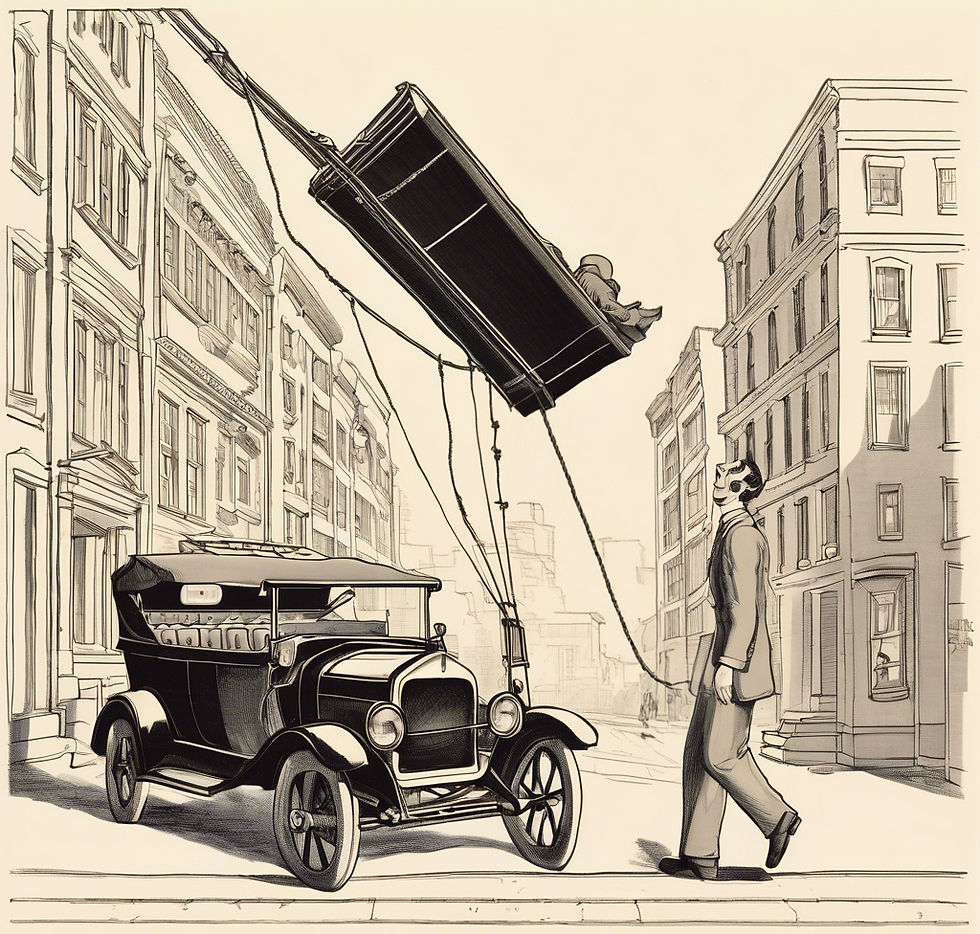 Vintage car on a city street; a man looks up at a sofa being hoisted above. Monochrome drawing, creating a nostalgic, curious mood.