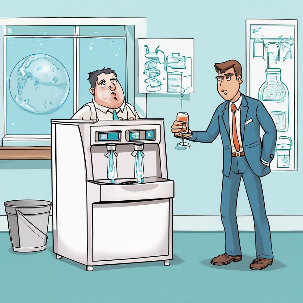 Two men in a room; one stands by a water cooler in confusion, the other holds a drink. Blue tones dominate. Window with Earth view.