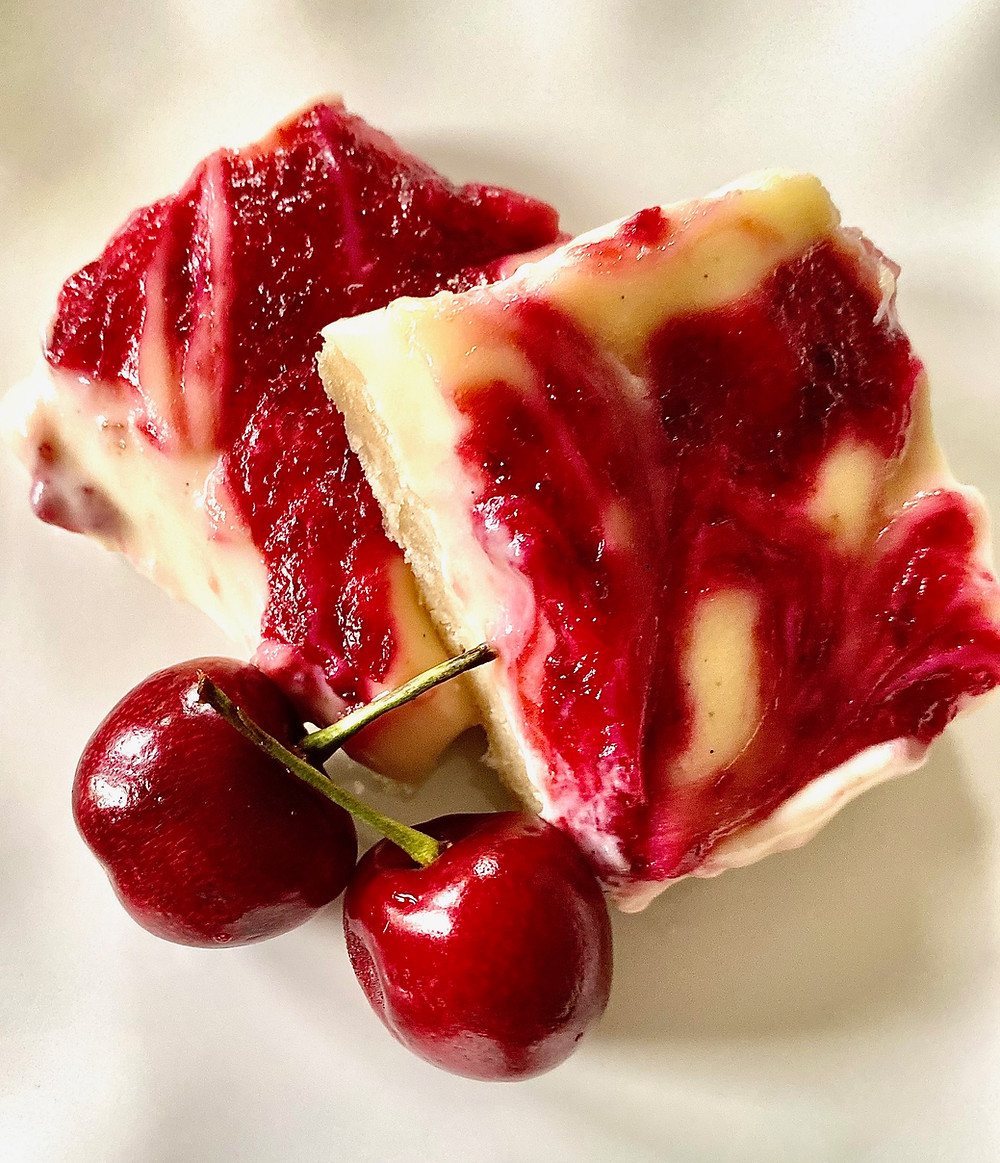 Cherry Swirled Cheesecake Bars with Shortbread Crust