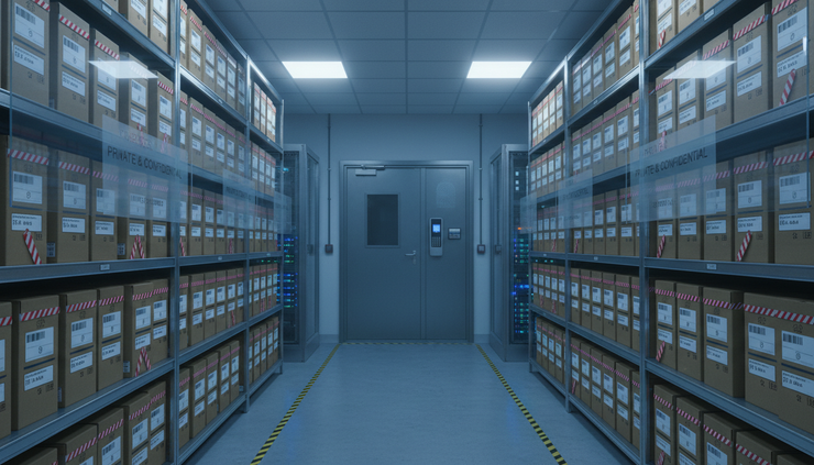 Wide-angle view of a locked evidence storage room with sealed file boxes and biometric access panels