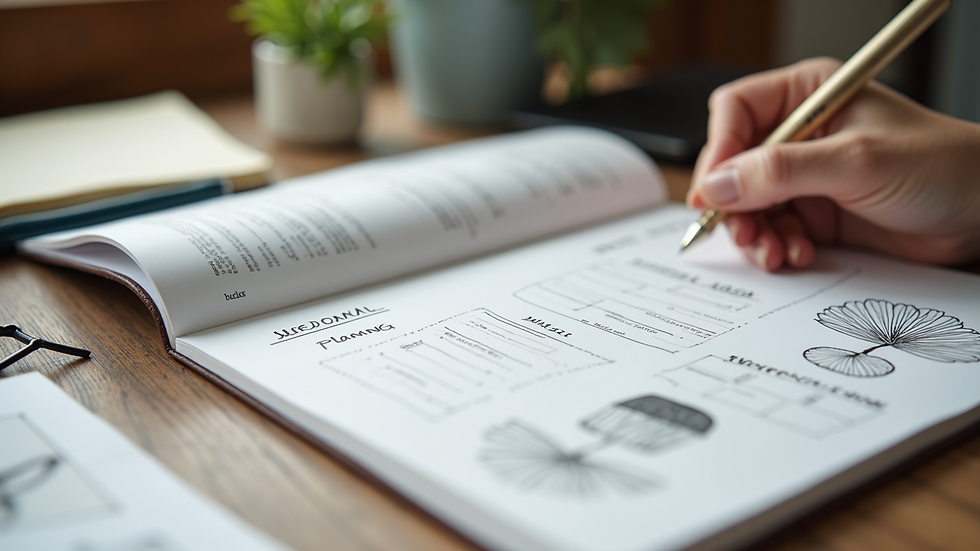 Close-up view of a wedding planning notebook with notes and sketches
