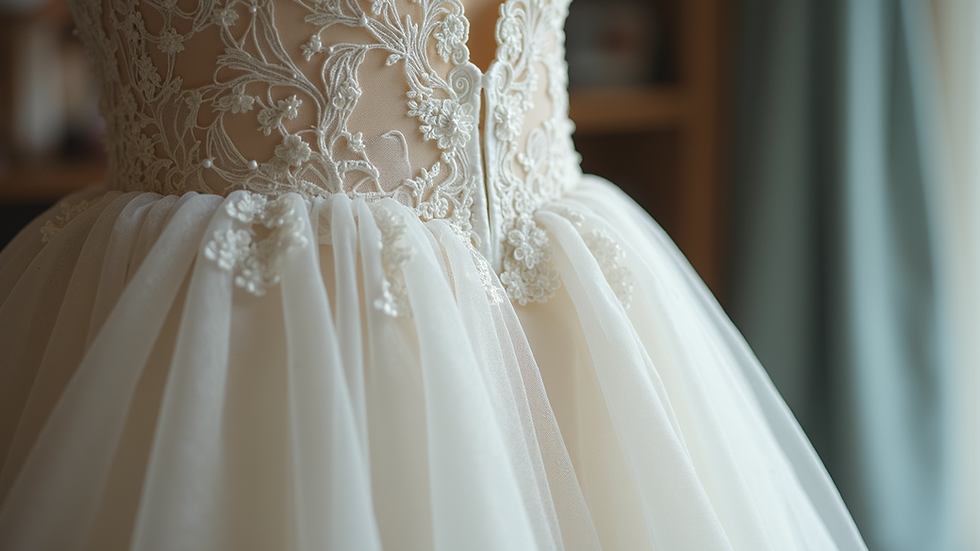 Close-up view of lace details on a wedding dress