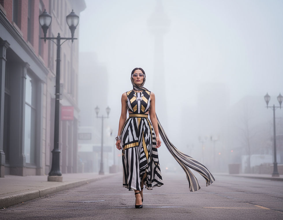 Stylish woman in trendy 2025 dress walking in Toronto