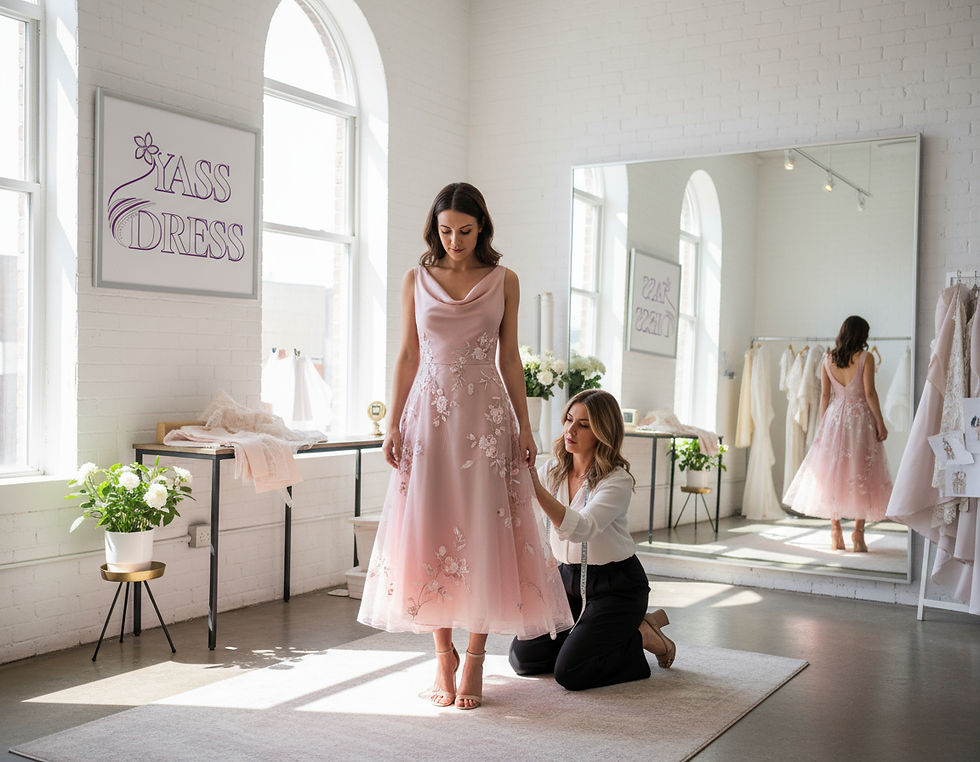 Woman styling a feminine custom-made midi dress at YASS Dress studio in Toronto