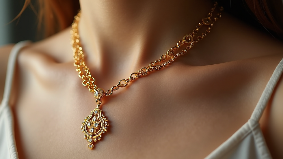 Close-up view of a delicate gold necklace with intricate design