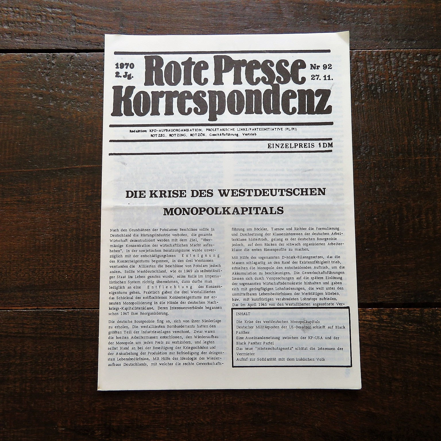 Magazine Germany Rote Presse Korrespondenz 2nd. Year No.92 1970