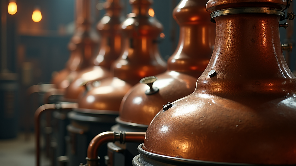 Close-up view of copper pot still used in gin distillation
