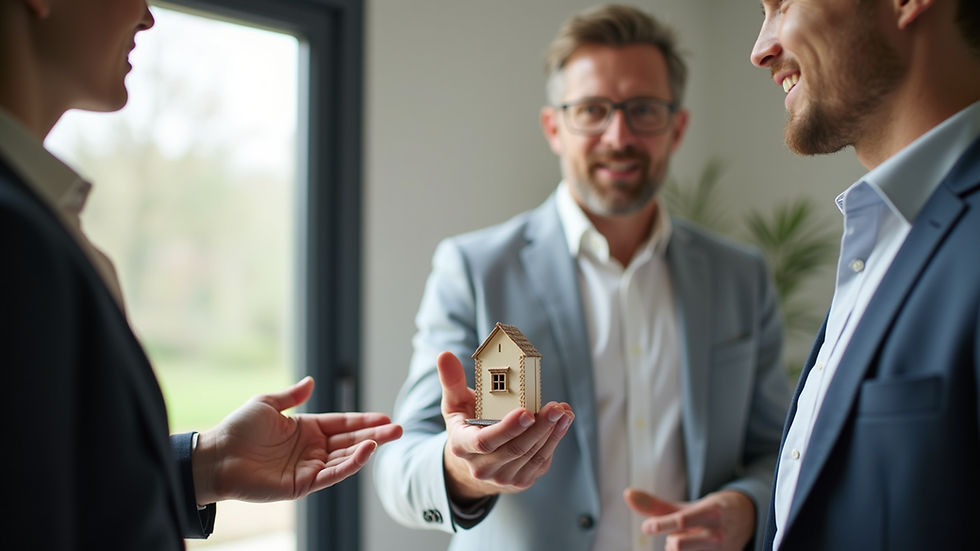 Close-up view of a realtor showing a home model to a client