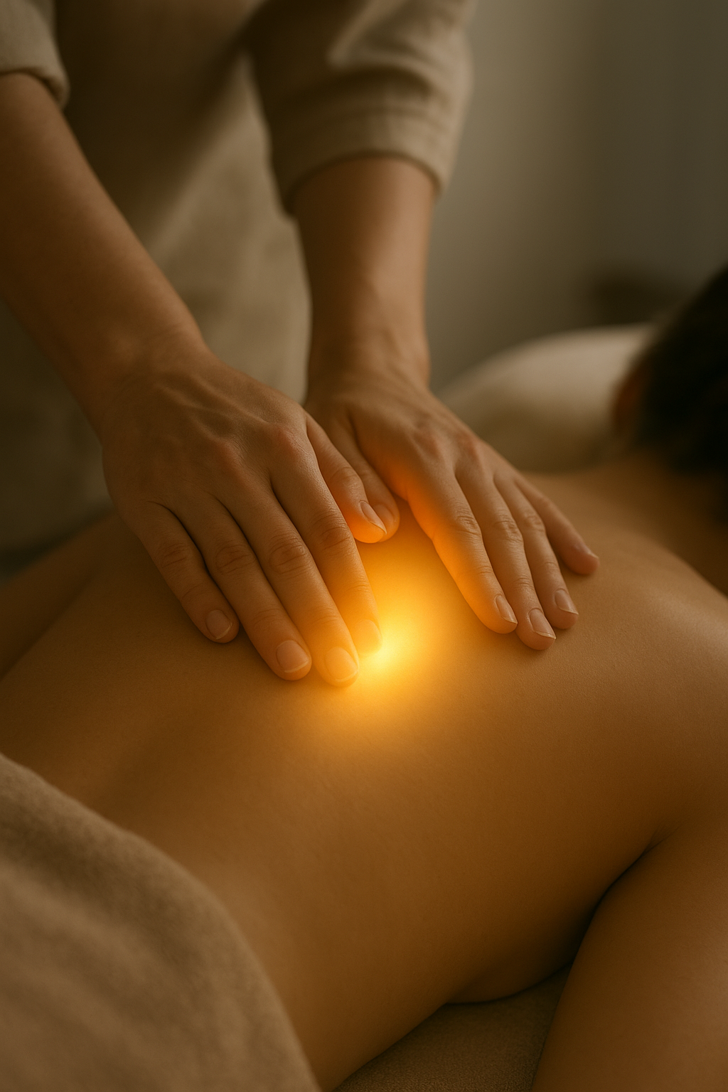Masseuse massant le dos de sa cliente de façon expérimentée et intuitive, en écoutant ses ressentis et en laissant passer l'énergie et son magnétisme pour réaliser un massage totalement personnalisé et répondant au besoin de sa cliente. Massage intuitif.