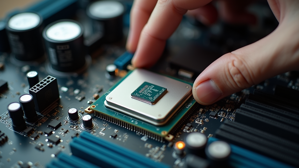 Close-up view of a person installing a CPU on a motherboard