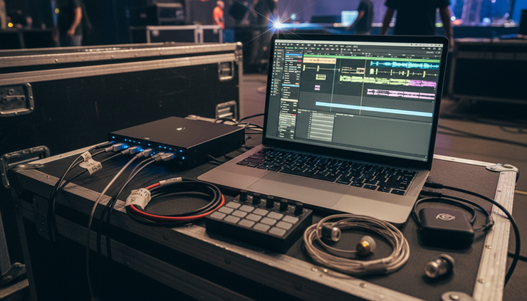 Close-up view of an Ableton Live playback rig beside in-ear monitor packs.