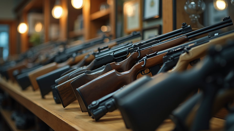 Close-up view of firearms display in a licensed dealer's shop