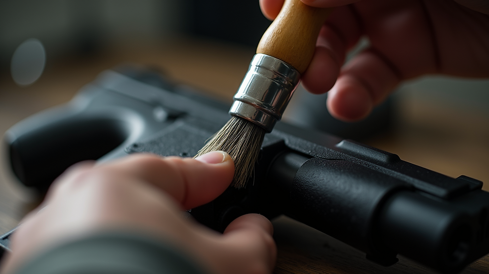 Close-up view of a handgun being cleaned with a brush