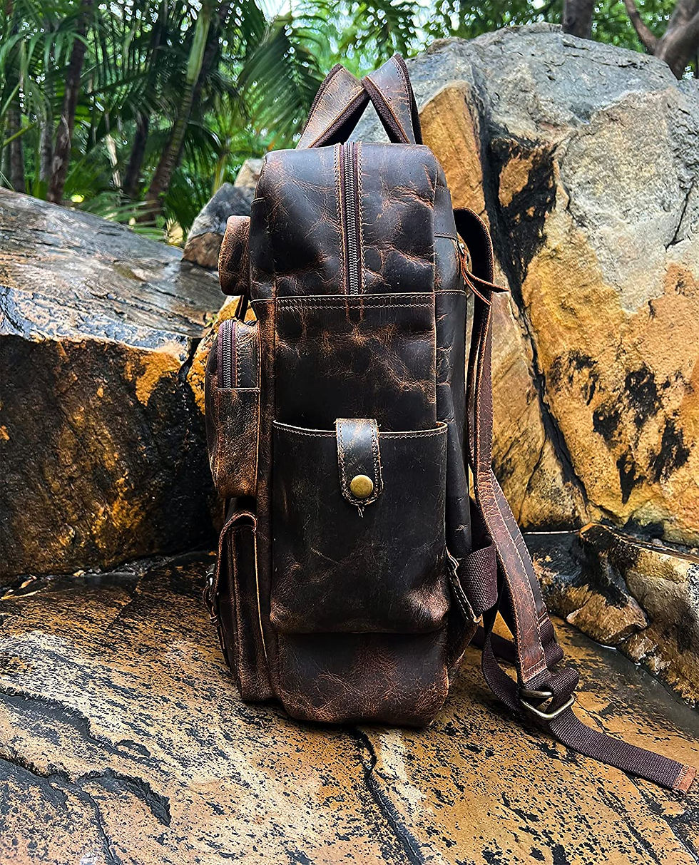 Thumbnail: Handmade leather backpack with adjustable straps, brass buckles, and personalized engraving option, perfect for Valentine's D