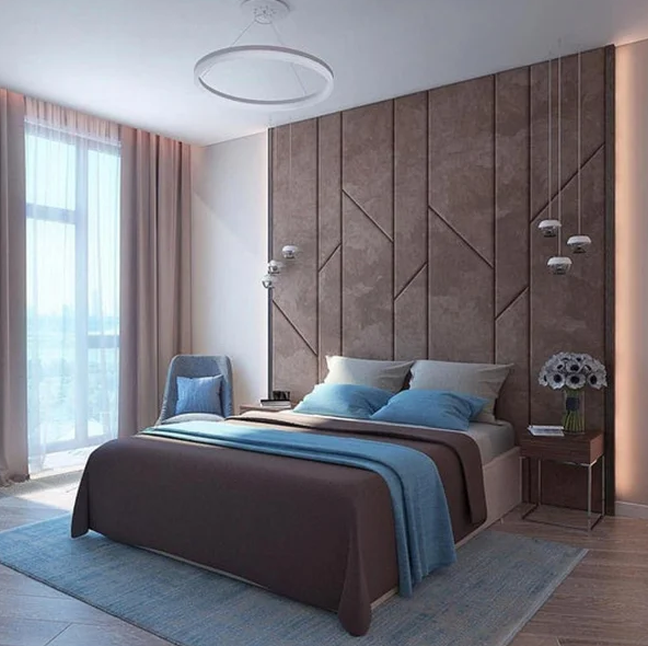 Mocha Micro-Suede Fabric Bed – Sleek Minimalism with Tufted Wall-Panel Glam