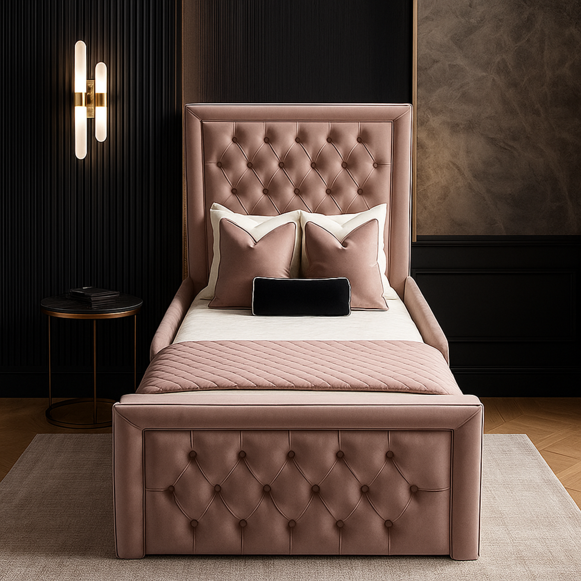 Luxe Princess Velvet Kids Bed – Tufted Elegance & Winged Comfort