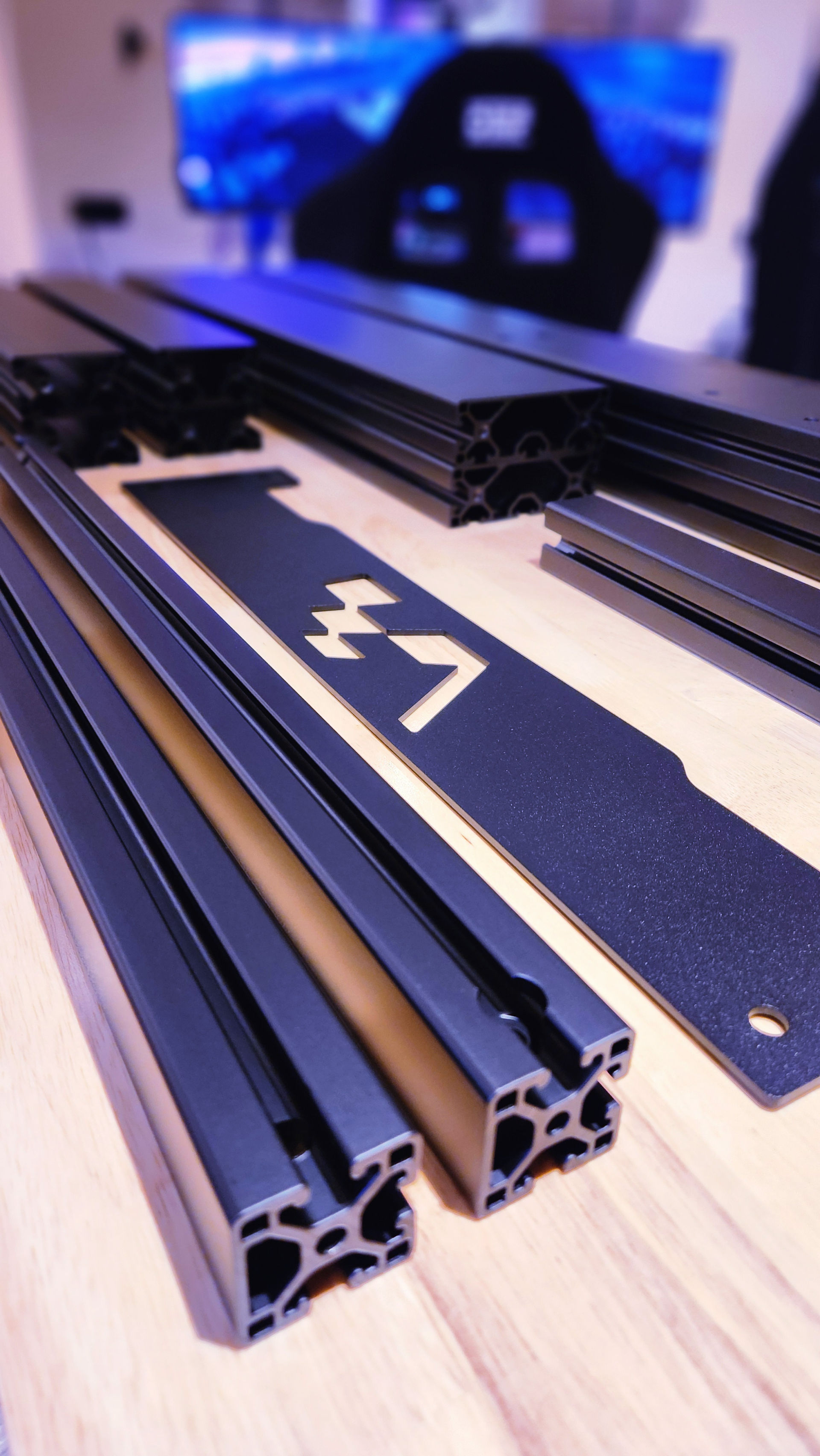 Close up of aluminum profile components for an ASR 4 flat face chassis build.