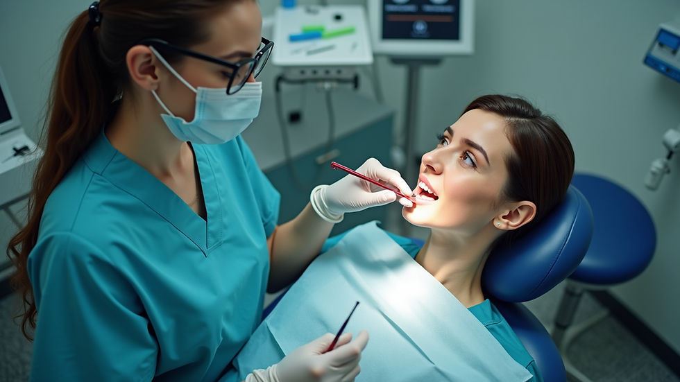 High angle view of dental nurse preparing instruments while communicating with dentist