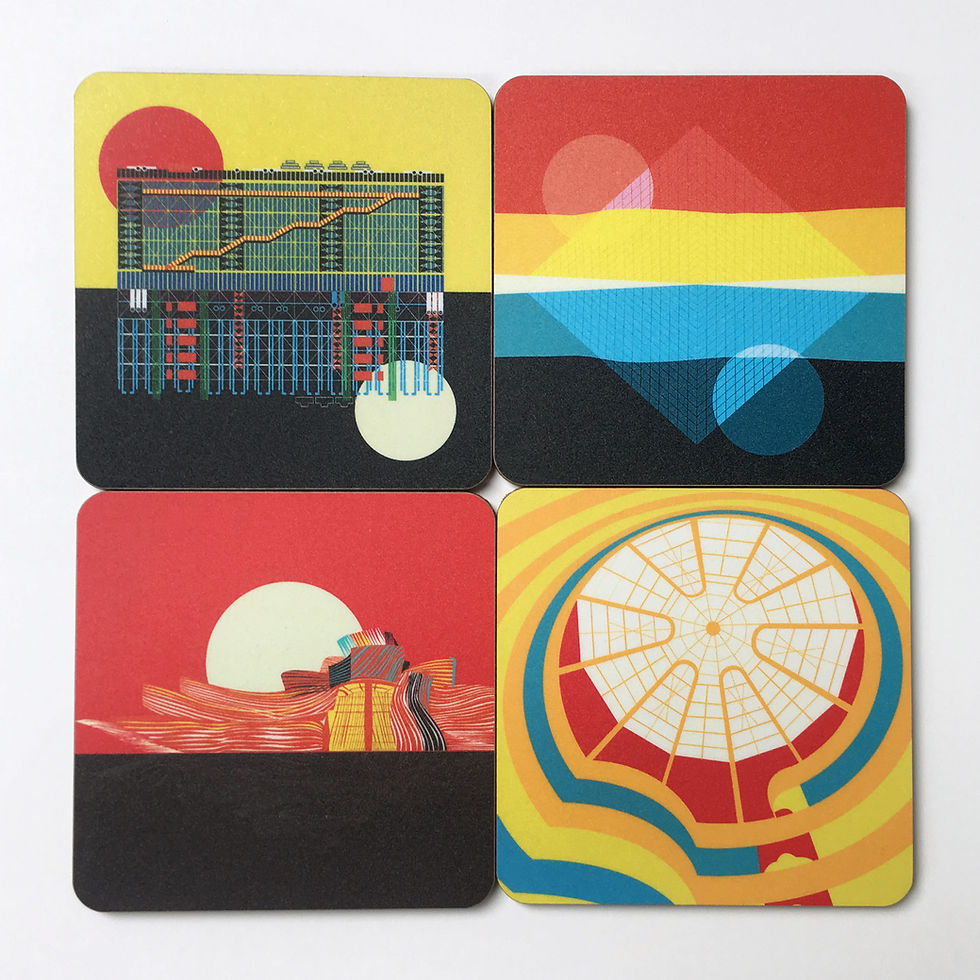 Thumbnail: Museums of the World Coaster Set. Pompidou Centre, Louvre, Guggenheim Bilbao, Guggenheim New York coasters