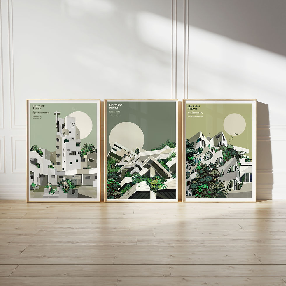 Thumbnail: Espai Verd Barcelona brutalist architecture art print featuring geometric concrete balconies and lush greenery.