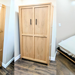 Custom, handcrafted wood Murphy bed with natural white oak finish, handcrafted for quality and style.