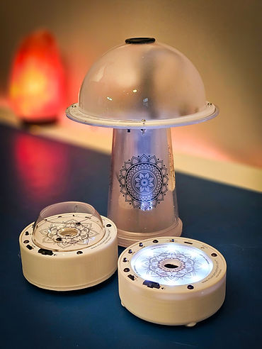 The very first prototype of the Musical Mushroom, followed by the 2nd generation and the 3rd generation showing the evolution of the design over time.