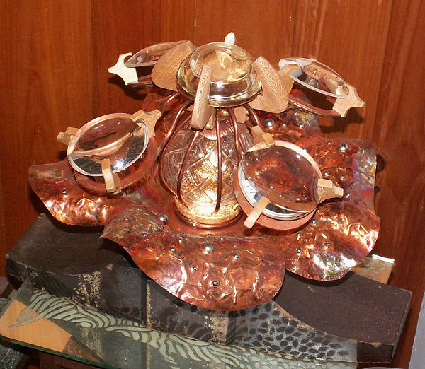 Copper flower, Lotus flower, copper glass and wood sculpture