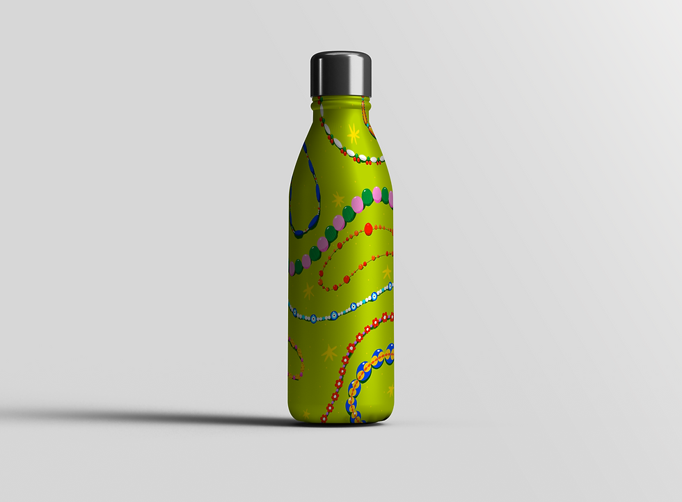 a green aluminium water bottle with a necklace pattern illustration on it