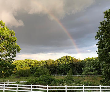 A rainbow over the fields at Moonlight ranch, Tyngsborough, the location for nature-based beahvioral health services with Robin Risso, LMFT